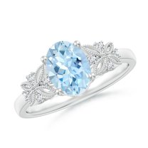 ANGARA Natural Vintage Style Oval 1 ct Aquamarine Ring with Diamonds in 14K White Gold for Women (Size-8x6mm) | March Birthstone, Anniversary, Jewelry Gift for Women | Natural Aquamarine Ring