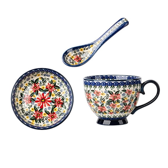 XINGAG Bohemian Floral Ceramic Mug Set,Large Capacity Coffee Cups With Matching Saucers And Spoon,Colorful Pattern For Breakfast Tea Home Kitchen Decor Gift