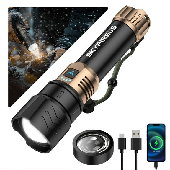 SKYFIRE LED flashlight High lumen, super bright rechargeable flashlight, with ignition lens, adjustable focus, four modes, suitable for camping, outdoor, farm, family use
