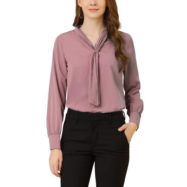 INSPIRAR CHIC Blusas de Manga Larga para Mujeres Chifón Plisado con Cuello de Lazo Camisa de Oficina L Lavanda Rosa