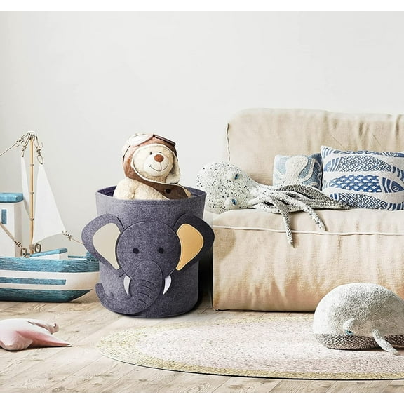 Gray Elephant Felt Kids Storage and Laundry Basket 13.78" x 14.57"