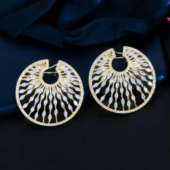 Fireworks Yellow Gold Plated Cubic Zirconia Big Round Earring 925 Silver Jewelry