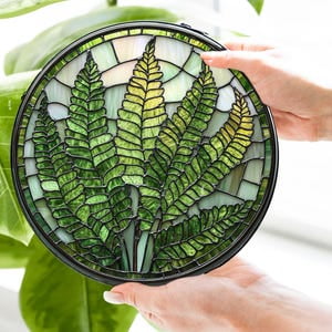 Stained Glass Fern Panel, Plant Light Catcher Decor, Round Botanical Suncatcher, Glass Fern Leaf Ornament, Plant Lover Gift, Window Decor, 3.5 in