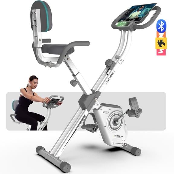 HARISON Foldable Magnetic Exercise Bike with Arm Resistance Bands, 5-in-1 X-Bike for Home, 16-Level Resistance, Bluetooth, LCD Monitor & Back Support, 350 LBS Capacity