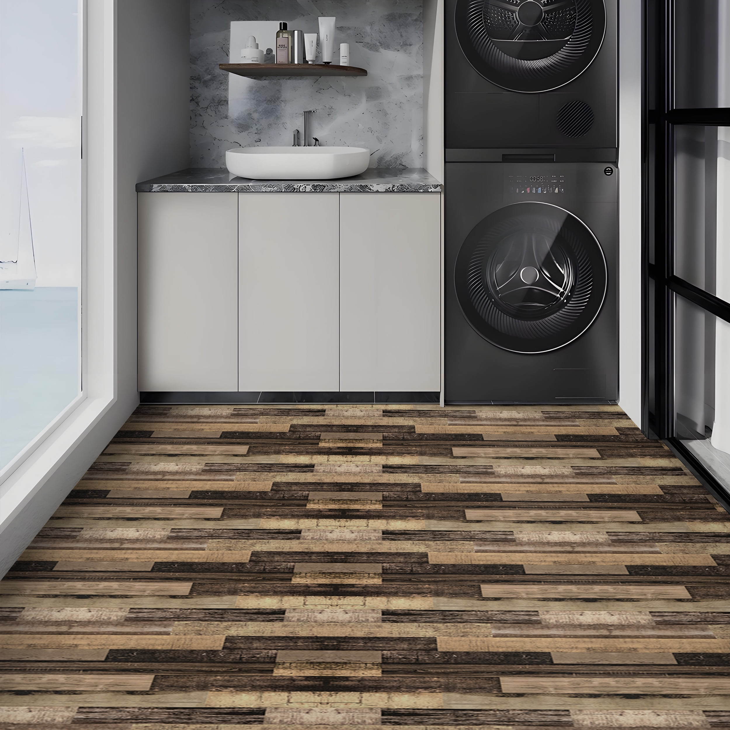 Abyssaly Vinyl Peel and Stick Flooring tile 15.7" x 236", Covering Area 25.8 Sq.ft, Vintage Charm Self-Adhesive Floor Tile Wood Grain Look for Home Decor
