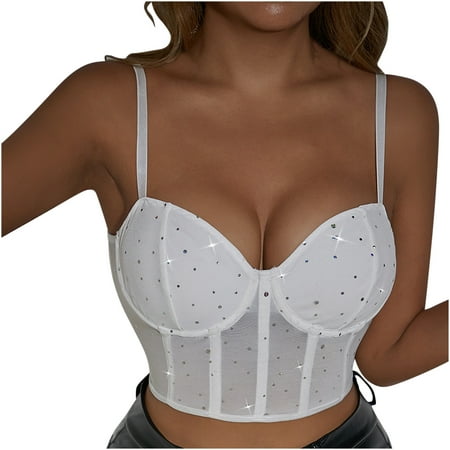 ZyeKqe Corset Crop Top for Women Mesh Sparkly Sequin Underwire Glitter Going out Tops Party Club Outfits