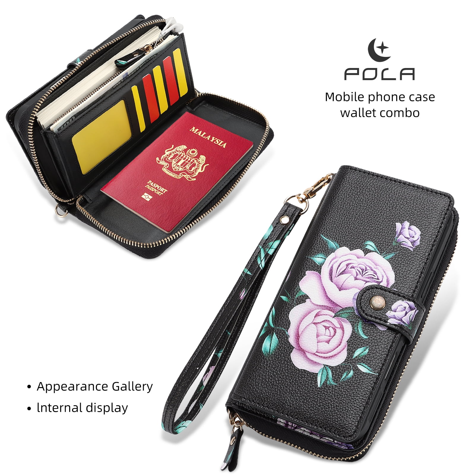 TECH CIRCLE 2-in-1 Wallet Case for Galaxy S23 (6.1", 2023), Detachable Magnetic Back Cover, PU Leather Flip Flower Phone Case with 15 Card Slots, Zipper Pocket, Wrist/Shoulder Strap, Black
