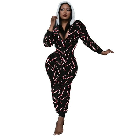 

Huakaishijie One Piece Hooded Sleepwear for Women Printed Christmas Pajamas Jumpsuit Rompers