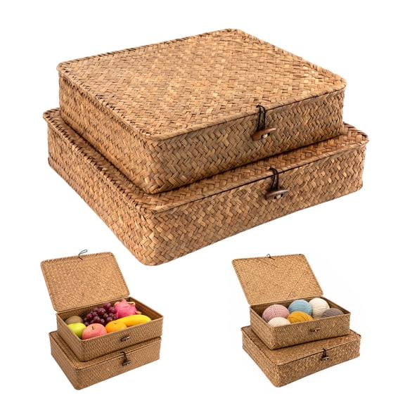 Jiaroutk Wicker Basket with Lid,Set of 2 Handwoven Basket Storage,Shelf Baskets for Home, Office, Bathroom, Kitchen, Boho Decor (L M)