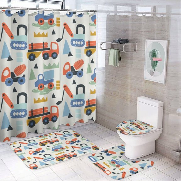 Cartoon Engineering Car 4 Pcs Shower Curtain Set with Rug Bathroom Sets with Waterproof Fabric And Non-Slip Rugs Toilet Lid Cover Bath Mat Decor with Hooks