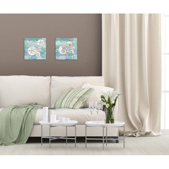 Gango Home Decor Nautical Beach Seashell Wall Art; Two Blue 12x12in Unframed Paper Prints