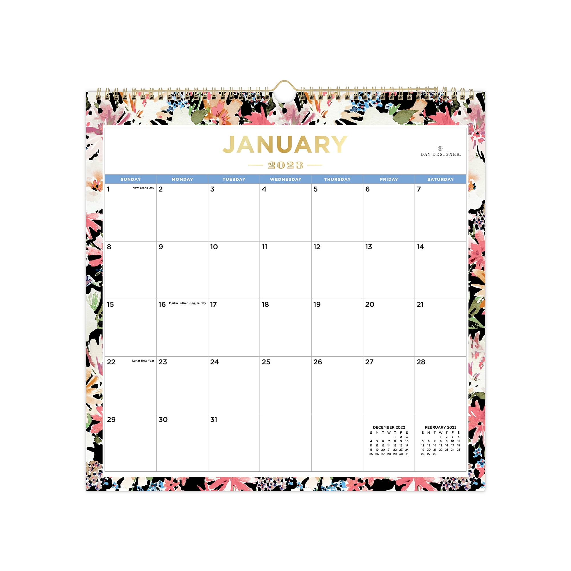 2023 Wall Calendar, 12x12, Day Designer for Blue Sky, Festive Floral Black