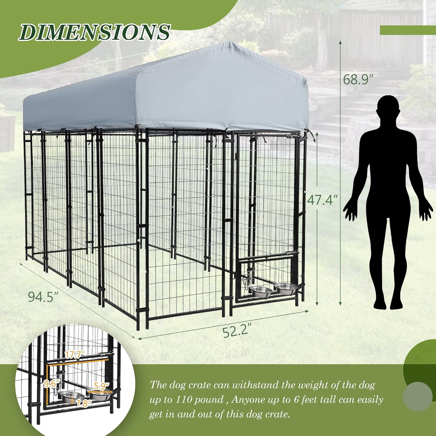 Haverchair 8x4x6 FT Outdoor Dog Kennel with Roof, Heavy Duty Dog Cage for Large Dogs, Outside Dog Enclosure with 2 Rotating Dog Bowls, Welded Wire Steel Dog Run Playpen Fence with Secure Lock