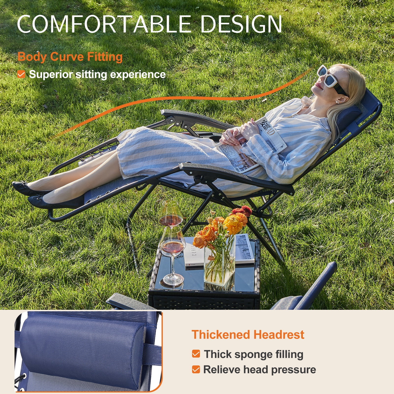 MAYEERTY Set of 2 Zero Gravity Chair Outdoor Lounge Chair，Suitable for Beach Terrace Pool Patio, Blue