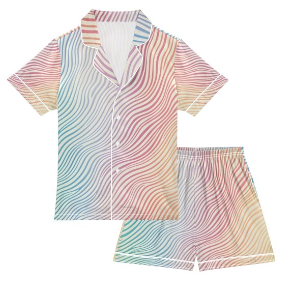 FORMRS Kids Short Sleeve Top and Pants Pajama Set Unisex Satin 2-Piece Sleepwear, Sizes 5-6Y, Wavy Striped