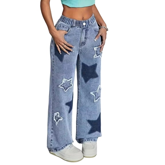 BOOMNY Girls Baggy Jeans Wide Leg Jeans for Girl Trendy Star Embroidery Elastic Waist Lightweight Loose Fit Soft Denim Pants With Pocket