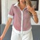 thumbnail image 4 of Tops de las Mujeres Casual Botón de Color Sólido Bordado Hueco-Fuera Blusa de Manga Corta para el Uso Diario, 4 of 7