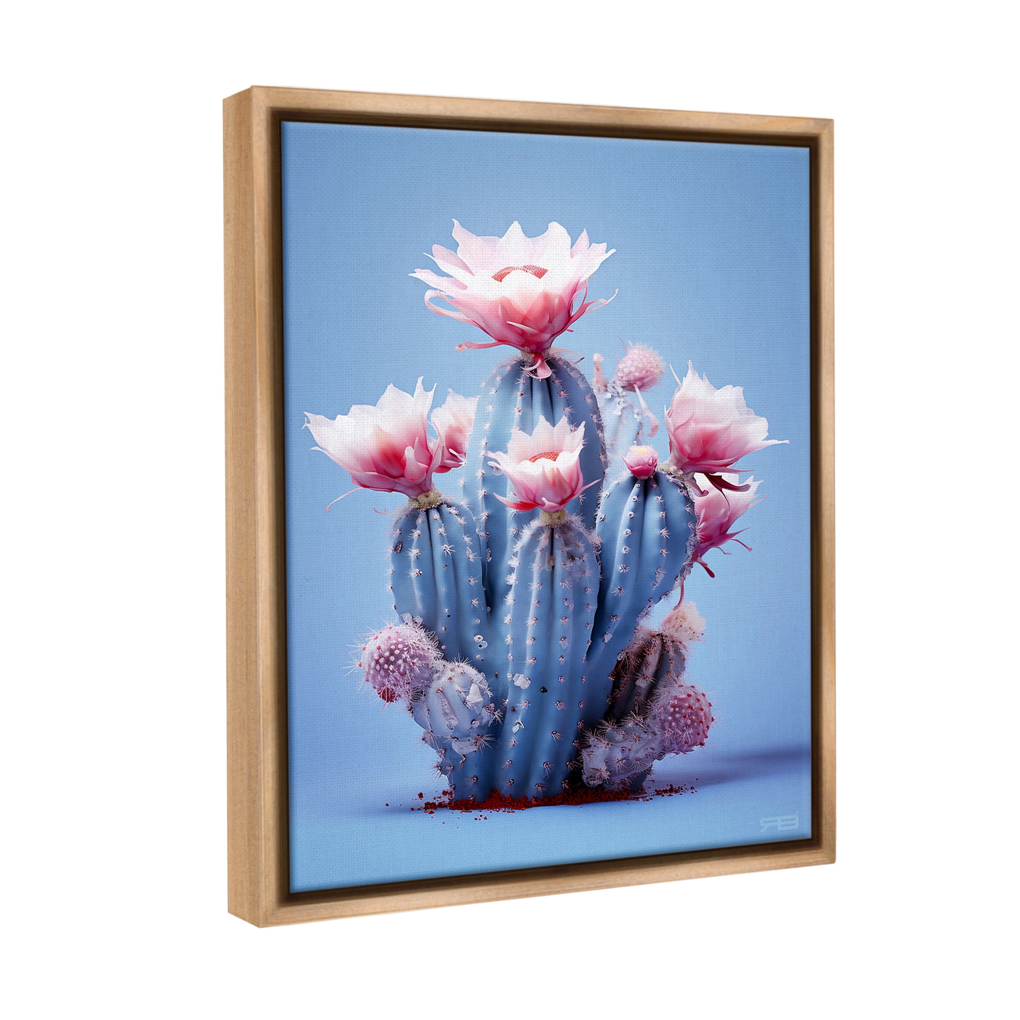 Stupell Industries Pink & Blue Cactus Flowers Botanical & Floral Painting Brown Floater Framed Canvas Art Print Wall Art, 25 x 31