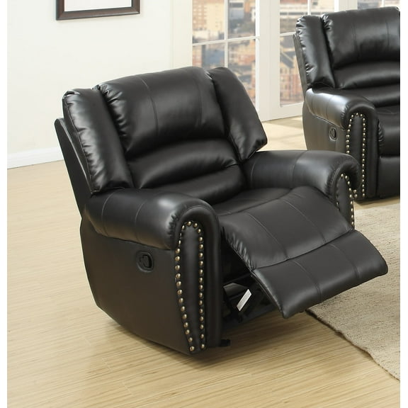 Newboti Furniture Modern 1Pc Manual Motion Recliner Chair Glider Black Color Bonded Leather Armrest Cushion Seating Nailhead Living Room Furniture 0558