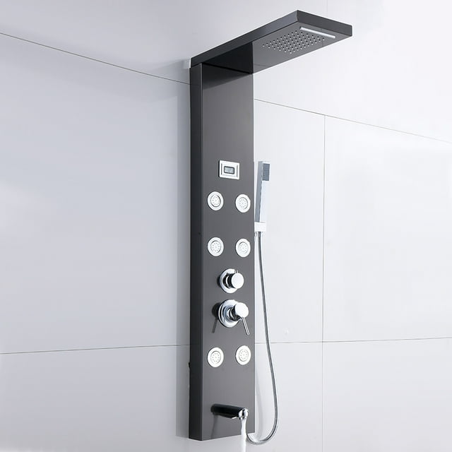 Shower Stainless Steel Bathroom Shower Panel Black Column Mixer 6 Jet with Temperature Display