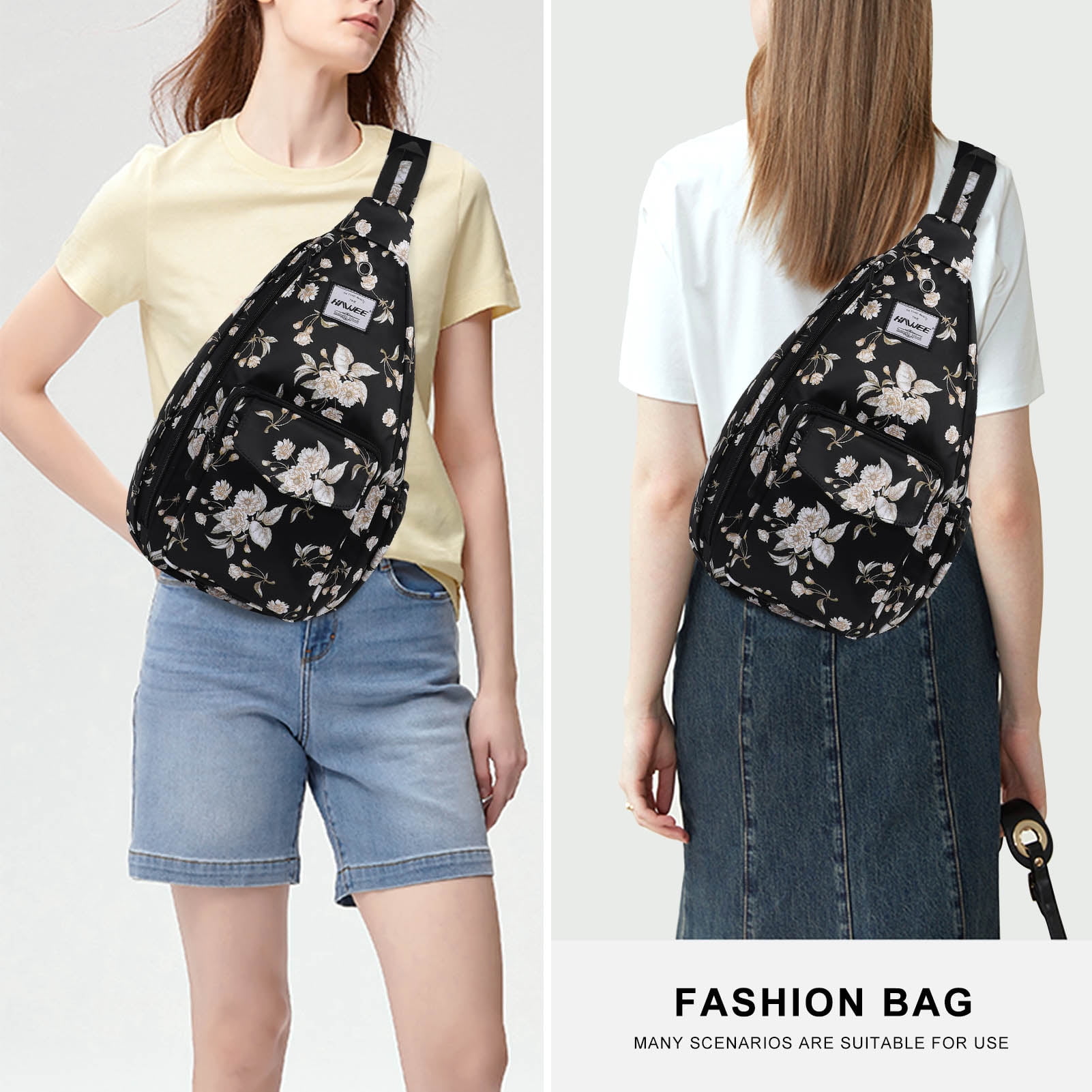 HAWEE Rope Sling Bag for Women and Men Casual Cross Body Backpack Adjustable Anti-slip Strap/ Bottle Pocket/ Earphone Hole for Travel Hiking Sports, Beige Flower