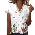 thumbnail image 2 of Hauts d'Été pour Femmes 2023 Grande Taille Mode Col en V Patchwork en Dentelle Manches Courtes Blouse Décontractée Chemises Col en V en Dentelle pour Femmes, 2 of 5