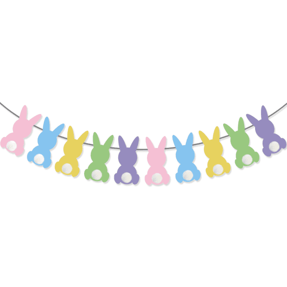 Easter Bunny Garland Banner, Pastel Multicolor, Felt Rabbit Silhouettes with Pompom Tails, Spring Party Decoration