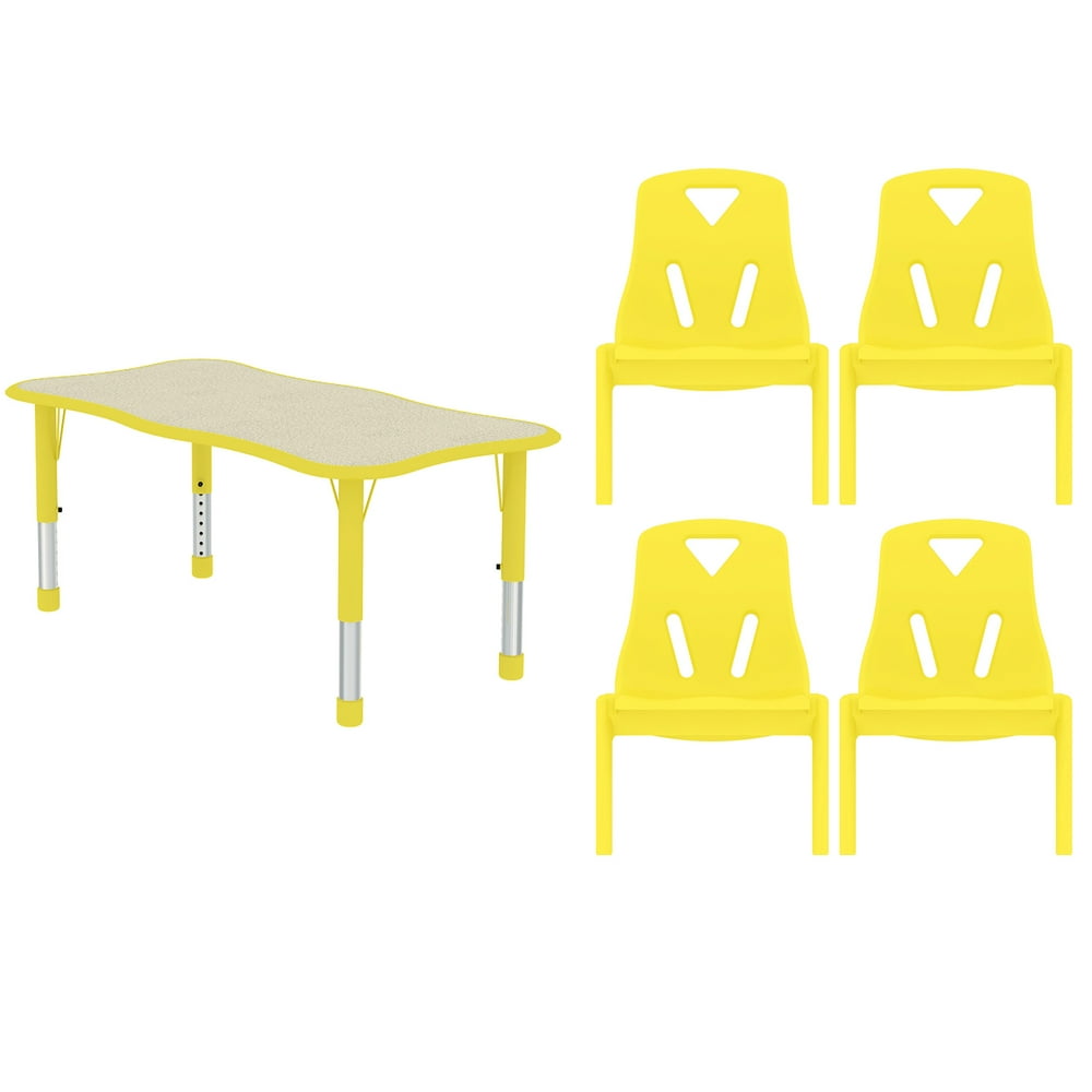 2xhome Yellow Kids Table and Chair Set Adjustable Leg Wavy Activity Table School Table Child