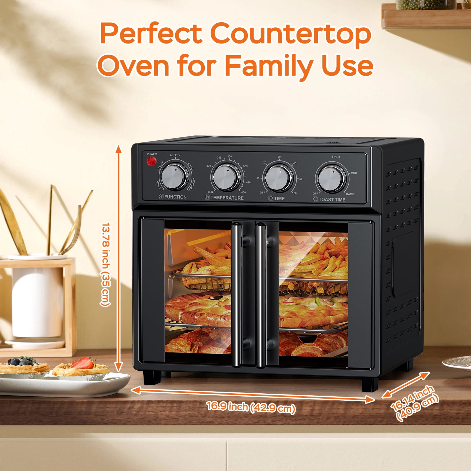 27.5QT Black Air Fryer Oven – 3-Layer Simultaneous Baking, 7 Presets, Double-Door Design for Family Meals