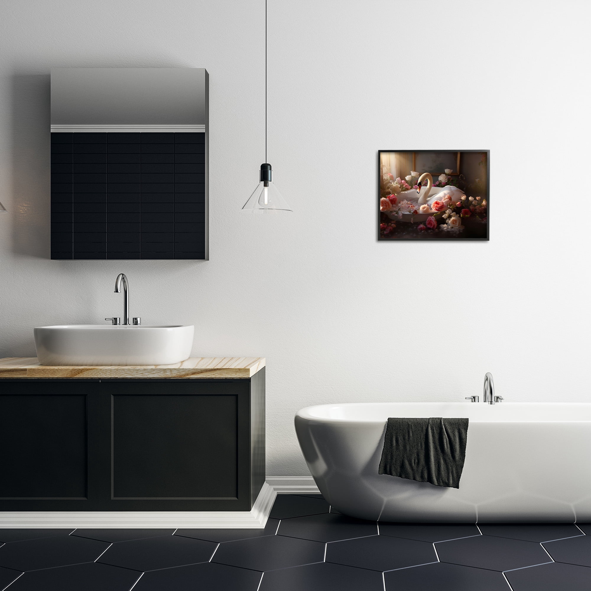Stupell Industries Swan & Bathroom Roses Animals & Insects Painting Black Framed Art Print Wall Art, 20 x 16