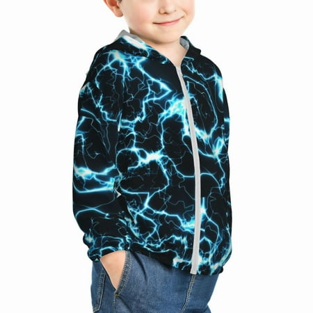 

Uemuo Lightning Pattern Rash Guard for Boys Girls Long Sleeve Swim Shirts UPF 50+ UV Sun Protection Hooded Fishing Shirt with Pocket for Kid-3 Years