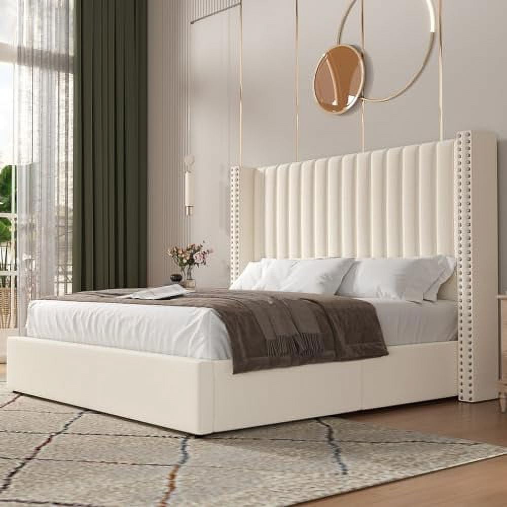 VanAcc Lift up Storage Bed Frame King Size, Upholstered Platform Bed Velvet with Channel Tufted Wingback Headboard, No Box Spring Needed, Cream
