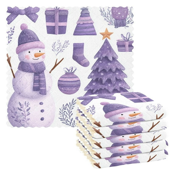 6 Pieces of Kitchen Towels 11x11Inch Kitchen Dish Cloths Kitchen Dish Towels Reuseable Cleaning Cloths Purple Christmas Snowman