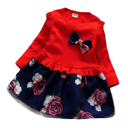 

Chaoren Children Baby Girls Fashion Rose Flower Print Bowknot Ruffled Long Sleeve Dress