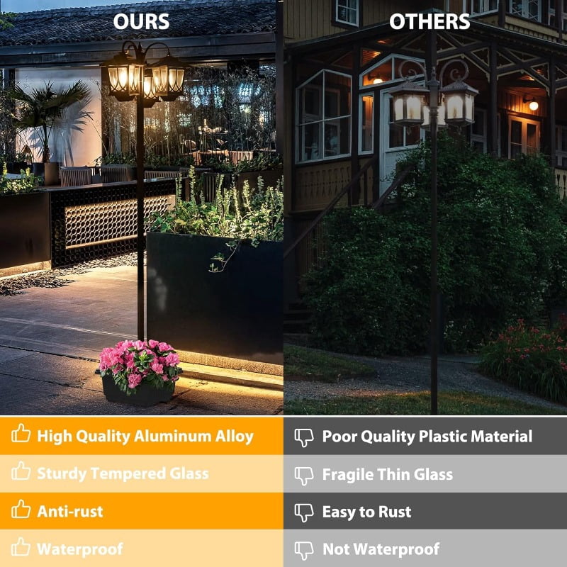 Hoodink 73" Solar Lamp Post with Planter, 3-Head Outdoor Waterproof LED, 3000K Warm White Garden Pathway Lighting