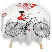 SKYSONIC Girl Red Heart Bike Round Tablecloth 60inch with Lace Indoor Wrinkle Free, Valentine Day Circular Table Cover Washable Farmhouse Tabletop for Kitchen Dining Decor