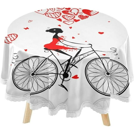 SKYSONIC Girl Red Heart Bike Round Tablecloth 60inch with Lace Indoor Wrinkle Free, Valentine Day Circular Table Cover Washable Farmhouse Tabletop for Kitchen Dining Decor