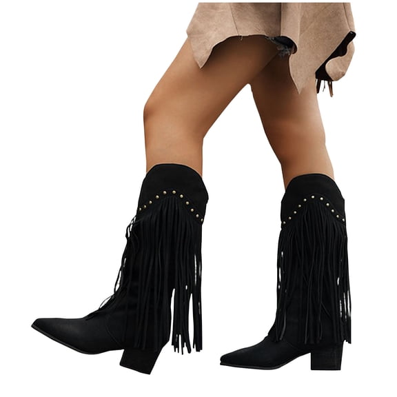 Womens Dress Boots Women's Solid Color Middle Heel Boots Comfortable Casual Shoes Fall Shoes Outdoor Casual Zipper Shoes for Women Fall Shoes Outdoor Fashion Soft Tassel Mid Calf Boots