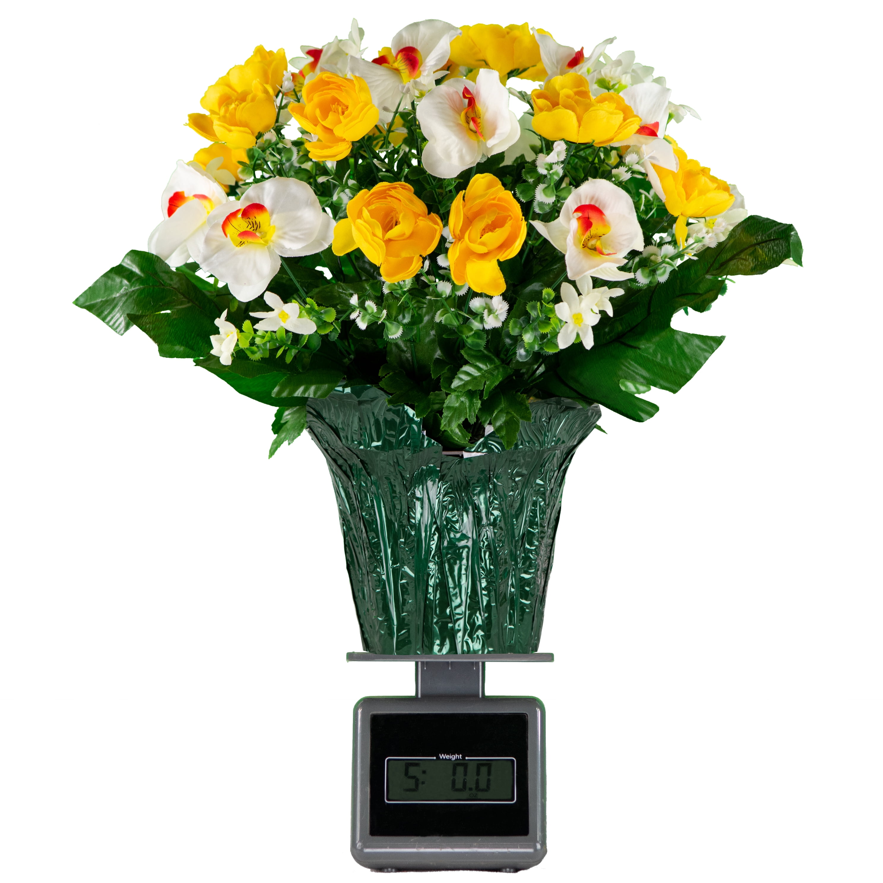 Sympathy Silks Artificial Yellow Cabbage Rose and White Orchids Flower Pot