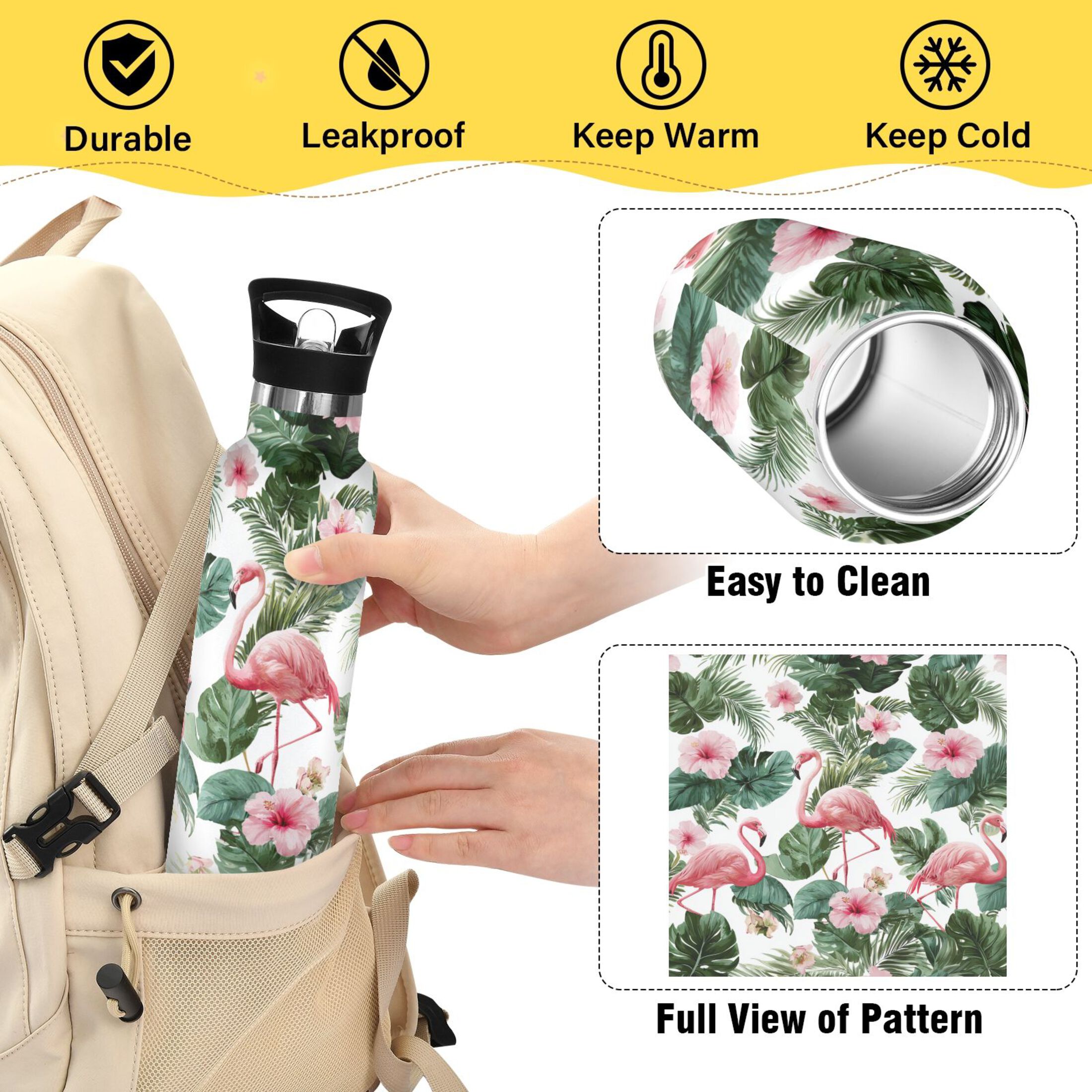 Kids Insulated Stainless Steel Sports Water Bottle 600ml (20oz) Flamingo and Tropical Leaves