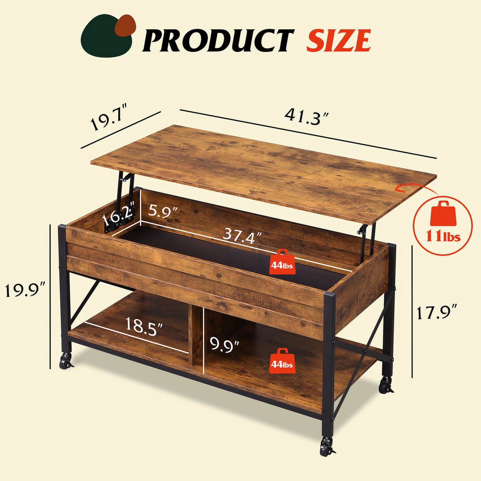 GALAXHERO Coffee Table, 41.3" Lift Top Coffee Table with 4 Wheels, Hidden Compartment, Storage Shelf and Lift Tabletop for Living Room, Reception Room, Rustic Brown