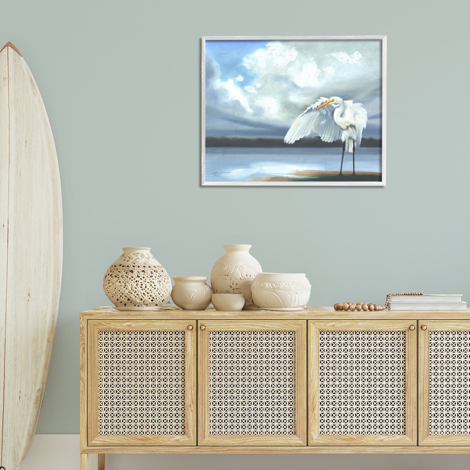 Stupell Industries Egret on Cloudy Beach Shore Animals & Insects Painting White Framed Art Print Wall Art, 30 x 24