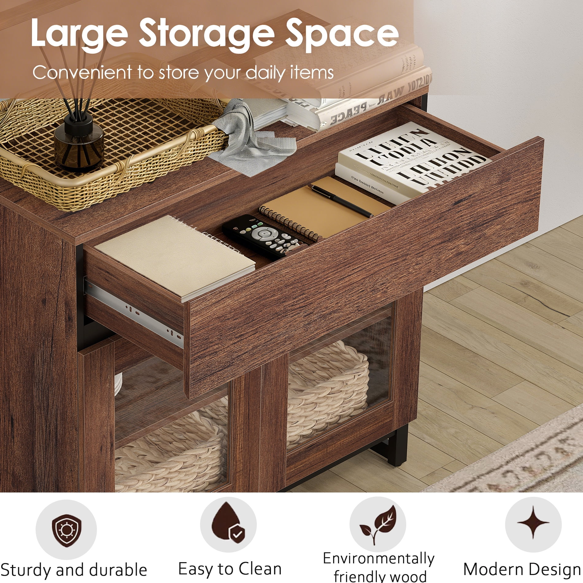 Modern TV Stand For Tvs Up To 120 Inches, 4 In 1 TV Console With Glass Doors And 2 Drawers, Media Console With Adjustable Shelf For Living Room,Brown