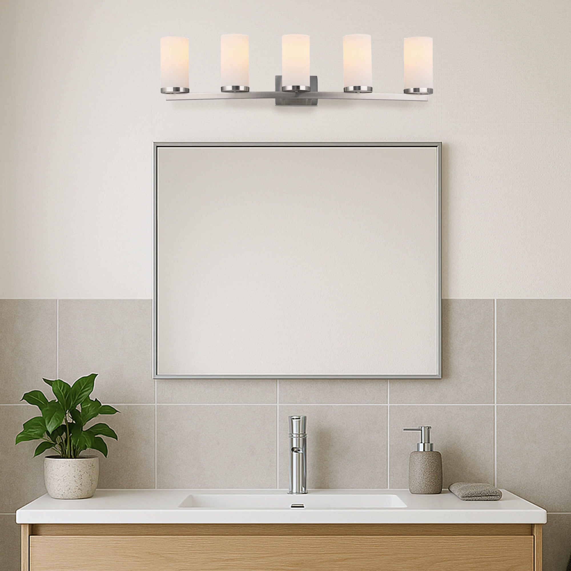 Breckham 5-Light Vanity Light in Satin Nickel, 38.0 in Curved Bar with Frosted Glass