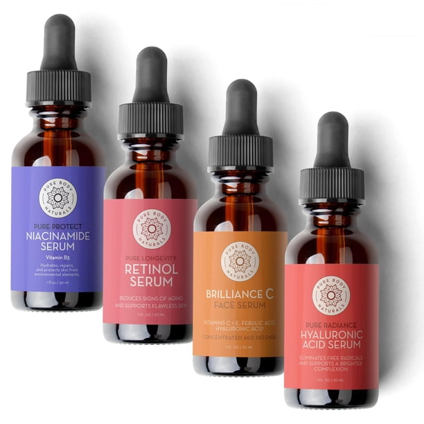 Set de Serums Faciales Pure Body Naturals Transparente con Ácido Hialurónico, Retinol, Vitamina C y