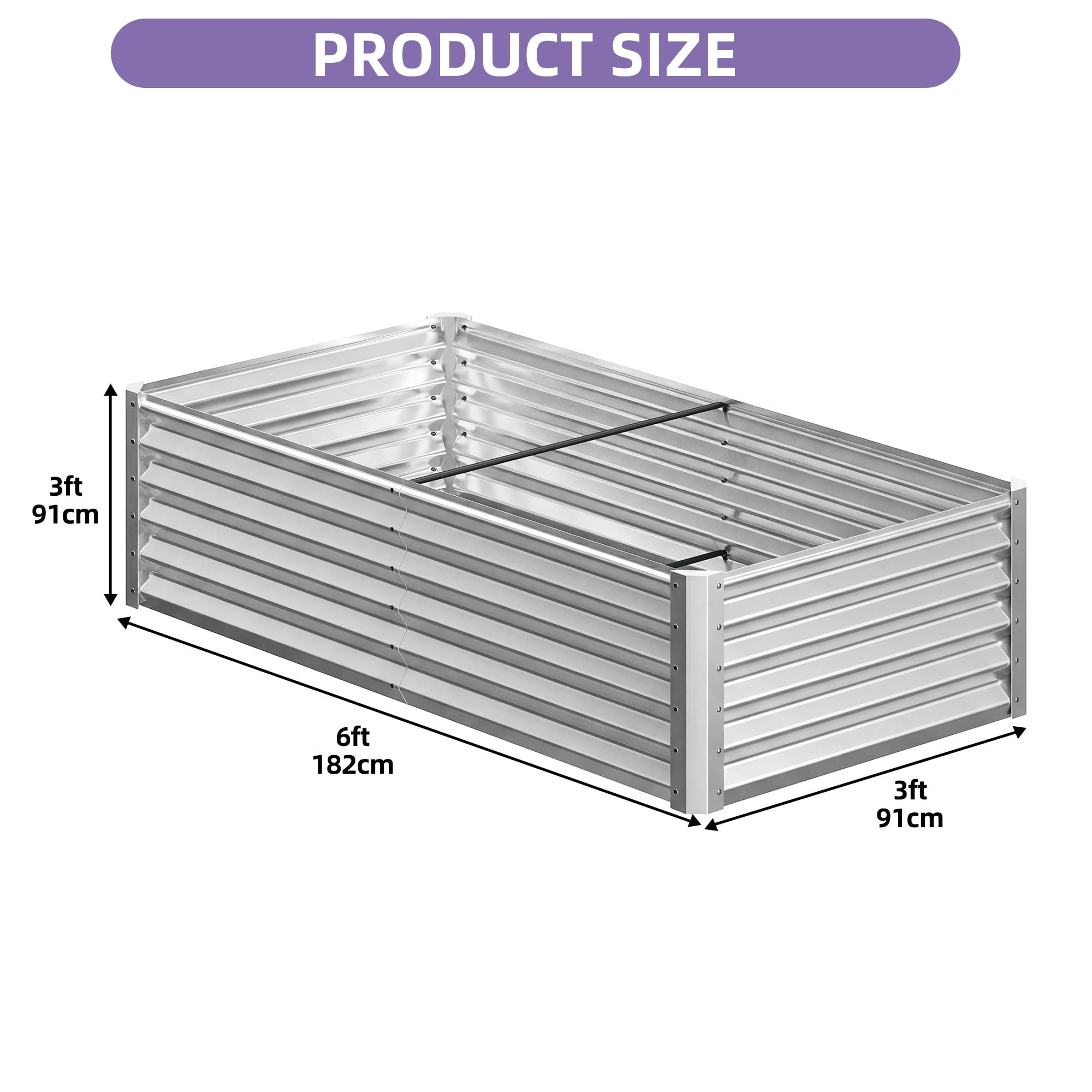 Uforic 6x3x3 Ft 1 Piece Galvanized Metal Raised Garden Bed Kit with Free Gloves Silver