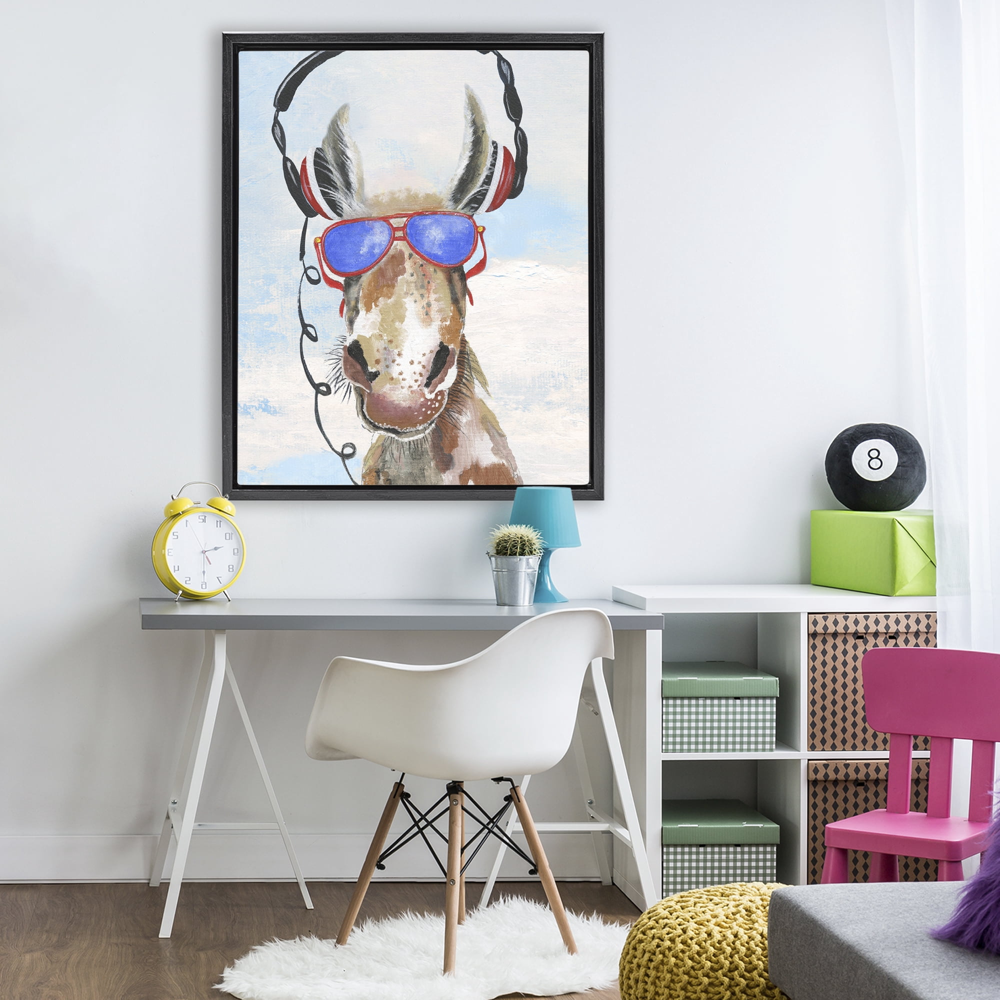 Stupell Industries Donkey Wearing Headphones Black Framed Floater Canvas Wall Art, design by Janet Tava