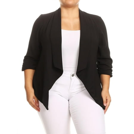 MOA COLLECTION Women's Solid Casual Plus Size Loose Fit Draped Cardigan Blazer Jacket/Made in USA