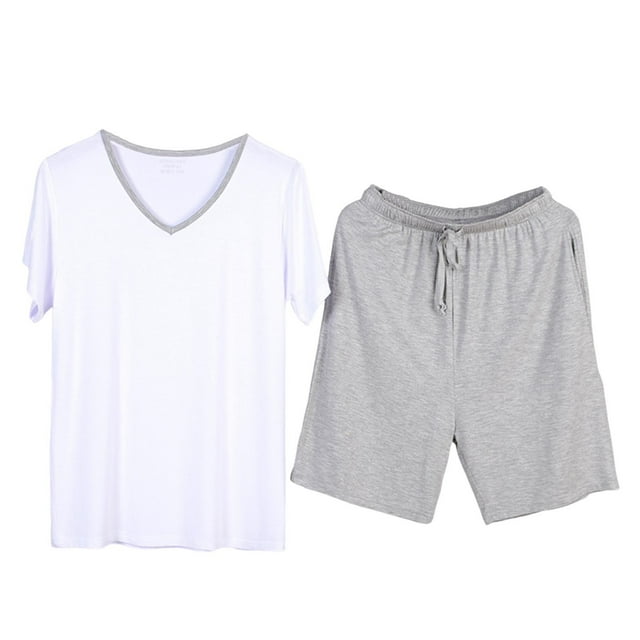Comfy Pyjama en Modal pour Hommes 2 Pcs Grande Taille Ensemble de Shorts Manches Courtes Ultra Doux pour L'Automne Blanc, G
