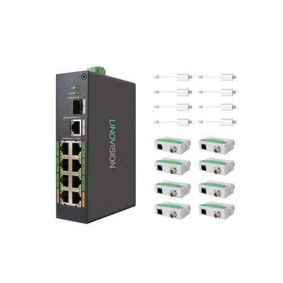 Conmutador industrial LINOVISION EOC y POE de 8 puertos con 8 transmisores EOC